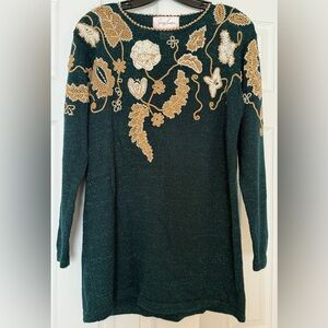 Vintage Jaclyn Smith Festive Green Holiday Sweater Floral Beaded Embroidered